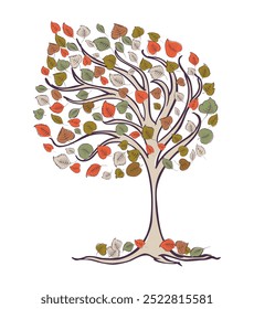 Desenho de contorno de árvore abstrata decorativa decídua com folhas de outono coloridas ao vento, ilustração vetorial isolada no branco