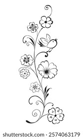 Contour drawing of decorative floral fantasy twig with bird, blooming flowers, vector illustration