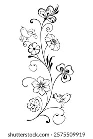 Contour drawing of decorative floral fantasy twig with birds, blooming flowers, vector illustration