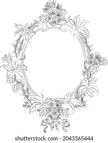 Contour Drawing Of Decorative Vintage Floral Oval Border From Flowers,leaves, Berries And Ribbon