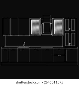 Contour drawing of a detailed kitchen with neatly arranged cupboards, a centered sink, and a prominent tap. The black and white illustration features clean lines and a minimalist aesthetic.