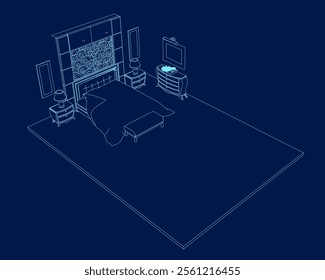 Contour drawing of double bed with pillows and table with vase and plant. Modern loft furniture for stylish bedroom in simple linear style. Doodle vector illustration. Isometric view.