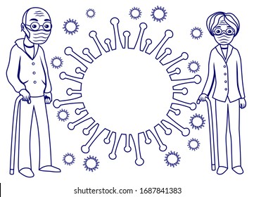 Contour drawing of an elderly couple in protective masks and viruses on a white background.