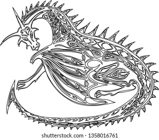 Contour drawing of a fabulous decorative dragons