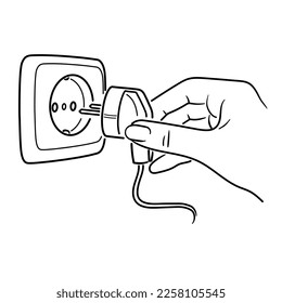 Contour drawing of a female hand inserting a plug with a cable into a high-voltage socket