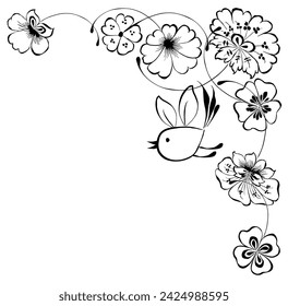 Dibujo de contorno de flores decorativas de esquina floral y pájaro cantante, elemento de diseño vectorial para fondos de decoración tarjetas de felicitación, invitaciones