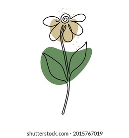 Contour drawing of a flower. Minimalist drawing of a flower and a stem with leaves. Element for design