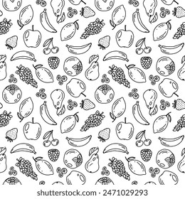 Dibujo de contorno de fruta. Doodle, patrón, boceto. Patrón sin costuras. Textil. Vector.