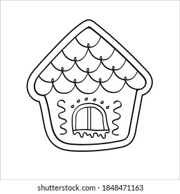 Contour drawing of a gingerbread house. Cute Christmas pastries. Isolated vector illustration on a white background.