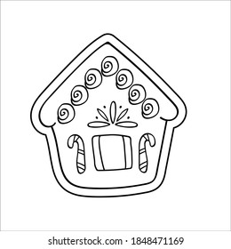 Contour drawing of a gingerbread house. Cute Christmas pastries. Isolated vector illustration on a white background.