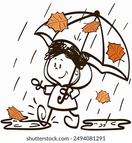Contour drawing of a girl with an umbrella and autumn leaves in a raincoat
