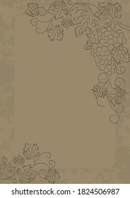 Konturzeichnung einer Weintraube mit einem Haufen auf hellbraunem Hintergrund. Weinvintage A4-Vorlage. Hintergrund mit Kopienraum