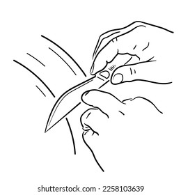 Contour drawing of a hand holding a knife and sharpening it on a grinding machine