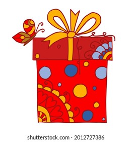 Contour drawing of a handmade gift box with a doodle pattern, a bow, ribbons and a butterfly on a white background. Decorative element for design