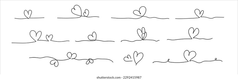 Dibujo de contorno de un corazón. Un conjunto de contornos de uno, un par y tres corazones en una línea sólida. Doodles blancos y negros. Símbolo de amor. Ilustración vectorial de moda.