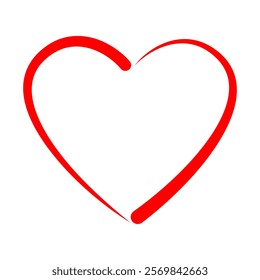 Contour drawing of a heart shape isolated on a white background. Red vector icon, vector illustration.  Heart, love, romance or valentine's day symbol.  