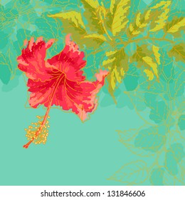 The contour drawing hibiscus flower with leaves on toned turquoise background. Watercolor style. Can be used as background for invitation cards.