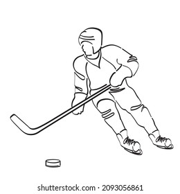 Contour drawing of a hockey player. A sketch. Isolated on a white background. Vector illustration. A sketch. Winter sports