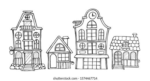 Contour drawing of houses, isolated background. Vector, stock, illustration. Hand drawing, set. contour coloring for children's books.