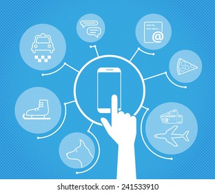 Contour drawing illustration mobile apps for smartphone on blue background