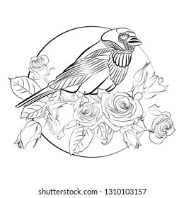 contour drawing with the image of a composition of flowers and birds, can be used for self-coloring, in the form of a print on clothes and other design
