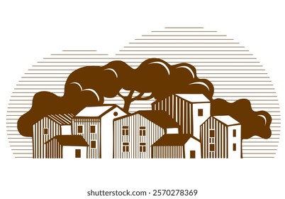 contour drawing image with  european village