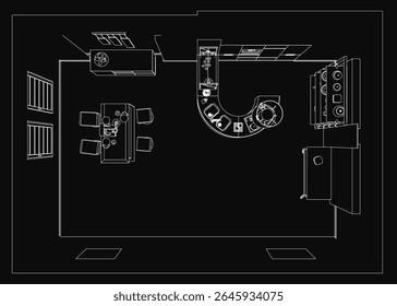 Contour drawing of a kitchen featuring a sink, stove, and oven with sharp black lines on a dark background for high contrast. Simple yet detailed illustration highlighting essential kitchen elements.