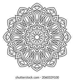 Contour drawing of a mandala on a white background.