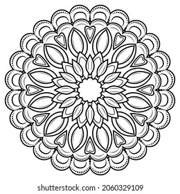 Contour drawing of a mandala on a white background.