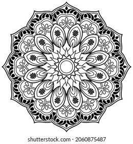 Contour drawing of a mandala on a white background.