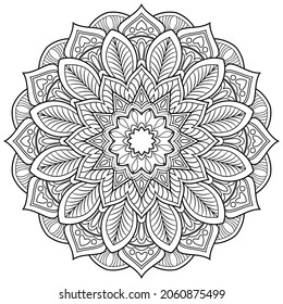 Contour drawing of a mandala on a white background.