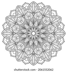 Contour drawing of a mandala on a white background.