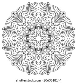 Contour drawing of a mandala on a white background.