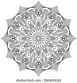 Contour drawing of a mandala on a white background.
