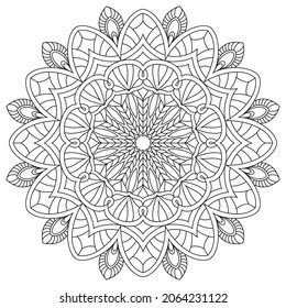 Contour drawing of a mandala on a white background.