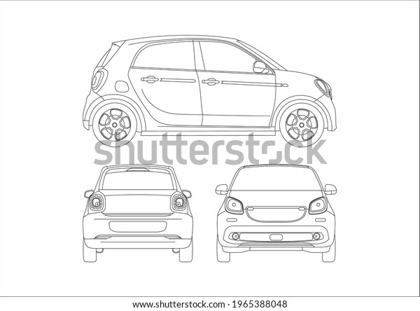contour drawing of a mini car, view from\
different sides.  Smart\
ForFour.