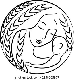 Contour drawing of mother and child. Vector logo of maternity hospital, girl and baby