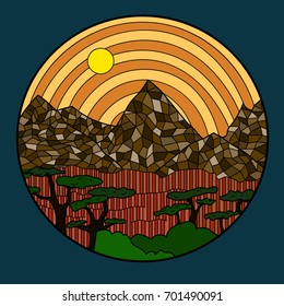 contour drawing mountain landscape African savanna and trees