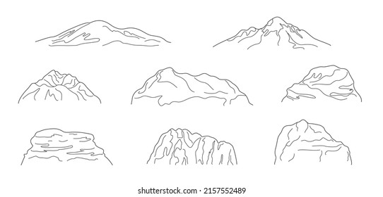 Contour drawing mountains and rocks. Simple outline set isolated on white. Line art nature landscape design element. Vector illustration.