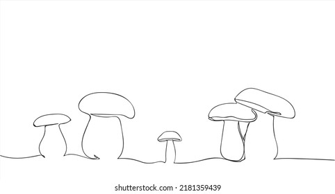 Contour drawing of mushrooms on a white background. Mushroom one line continuous drawing. Mushroom continuous one line illustration. Vector minimalist linear illustration