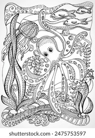 Contour drawing, octopus under water. coloring book marine life for kids. Underwater world