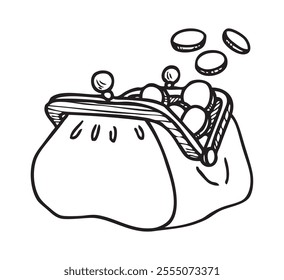 Contour drawing of old purse with coins, vector hand drawn illustration isolated on white