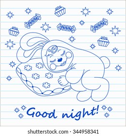 contour drawing on notebook sheet sleeping bunny, stars, wish good night