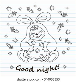 contour drawing on notebook sheet sleeping bunny, stars, carrots, wish good night