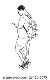 Contour drawing of one casual modern tourist man in sunglasses with backpack using smartphone, walking outdoors, side view, realistic hand drawn vector illustration isolated on white