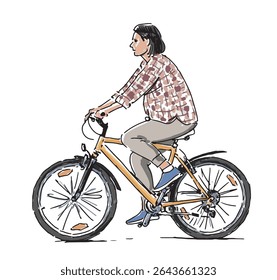 Contour drawing of one casual townswoman cyclist riding bicycle on city street, side view, realistic hand drawn vector illustration isolated on white