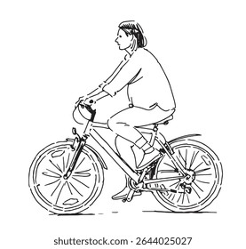 Contour drawing of one townswoman cyclist riding bicycle on city street, side view, realistic hand drawn vector illustration isolated on white