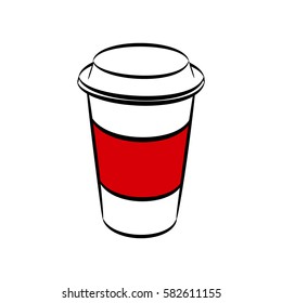 A contour drawing of a paper coffee cup with red sleeve isolated