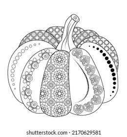 Contour drawing of a pumpkin with a doodle pattern on a white background. Anti-stress coloring book for adults and children. Decorative element for printing