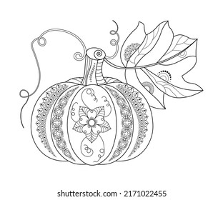 Contour drawing of a pumpkin with a doodle pattern on a white background. Anti-stress coloring book for adults and children. Decorative element for printing